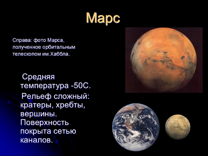 Марс Справа: фото Марса, полученное орбитальным телескопом им.Хаббла.      